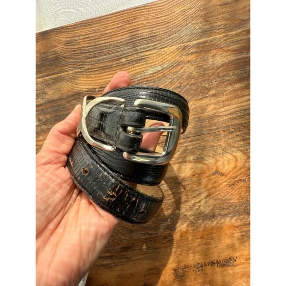 Y2K Black Leather Croc Embossed Belt Silver X‎ Buckle Minimalist Unisex